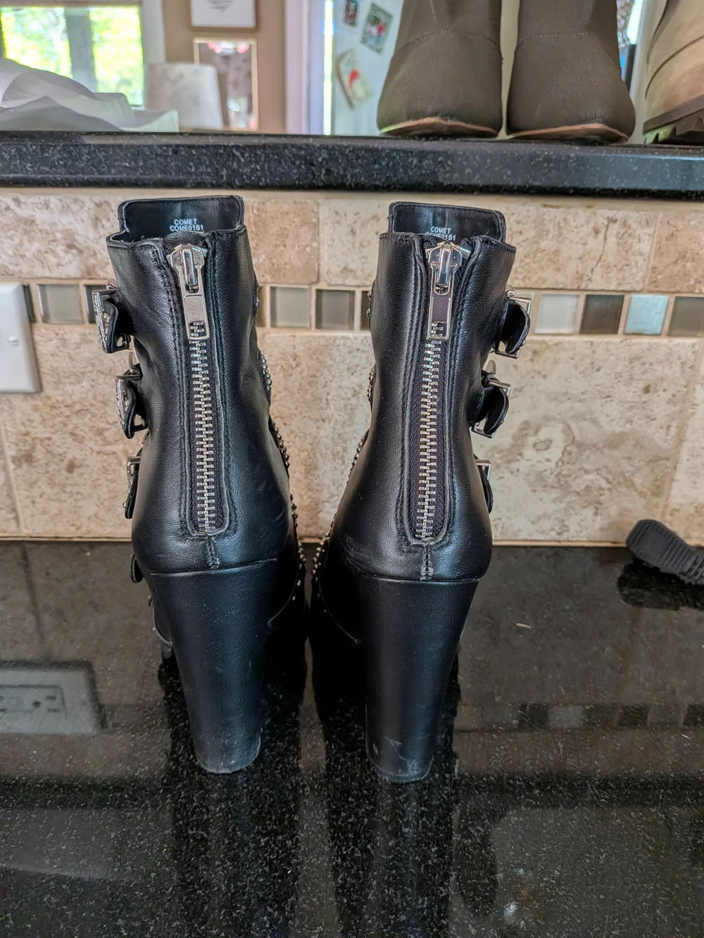 Black Studded Buckle Block Heel Ankle Boots - Picture 10 of 13